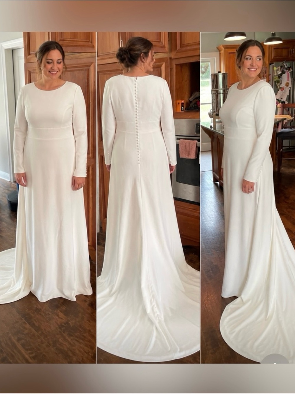 Elegant White Long-Sleeve Bridal Gown, has minor flaws, but hardly noticeable.